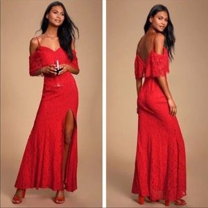 Lulus Caterina Red Lace Off-the-Shoulder Maxi Dress Size S